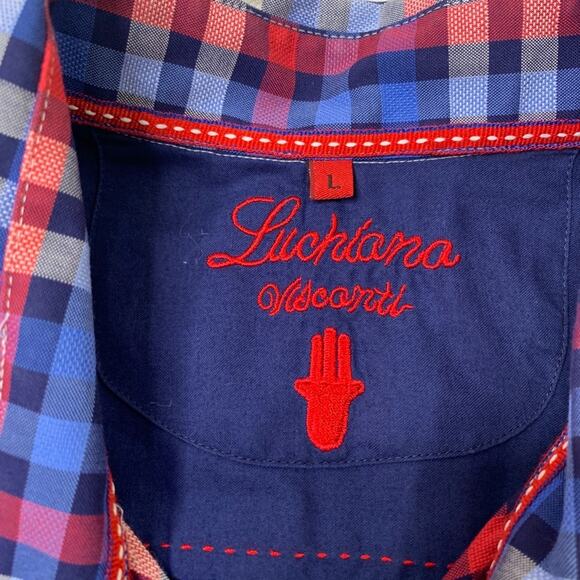 Luchiano Visconti Shirt Mens L Large Cotton Elbow Patch Flip Cuff Colorful Check - Picture 4 of 9
